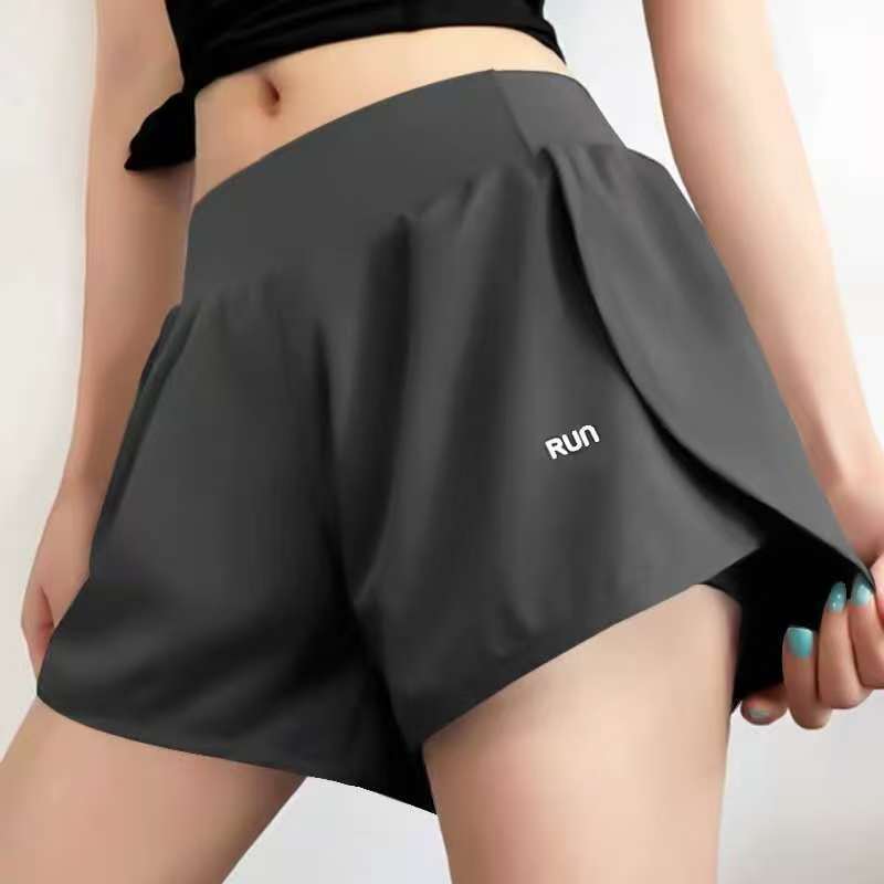Sports shorts fake two-piece anti-exposure fitness high waist thin yoga pants three-quarter breathable running summer hip lift