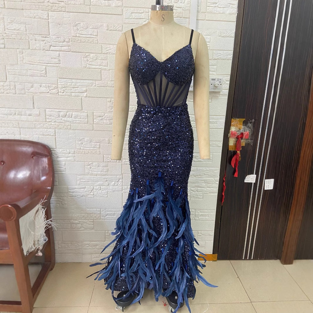 European and American glitter sexy perspective gorgeous feather skirt suspender dress luxury party dinner dress