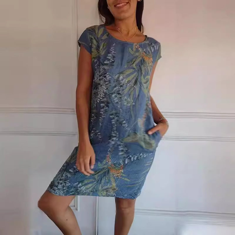 Spot cross-border independent station AliExpress women's round neck loose short-sleeved printed dress women's pocket skirt explosion