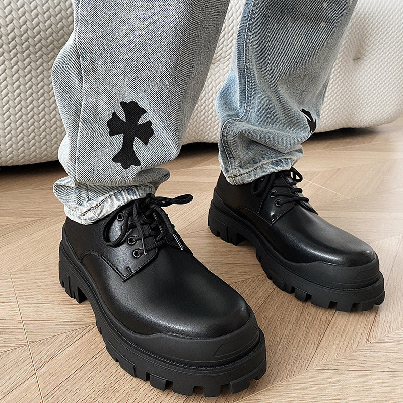 Men's Casual Thick-soled All-match Black Leather Shoes Work Shoes Height-increasing Derby Shoes Couple Shoes