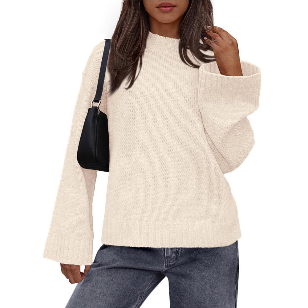 2025 Foreign Trade Autumn and Winter New Arrival Casual Round Neck Loose Solid Color Long Sleeve Trumpet Sleeve Knitted Sweater Women's Clothing