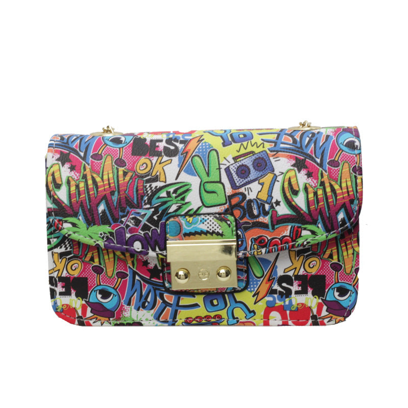 New fashion printed small square bag graffiti women's bag Korean style chain small bag lock crossbody shoulder bag wholesale