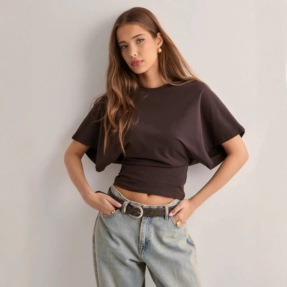 2025 Korean style round neck pullover short-sleeved T-shirt for women summer new simple and versatile solid color loose top