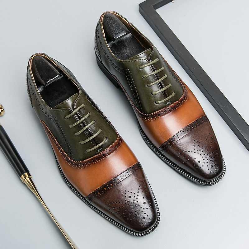 European and American British style brogues men's business genuine leather color matching carved Oxford shoes men's wedding pointed toe groom shoes