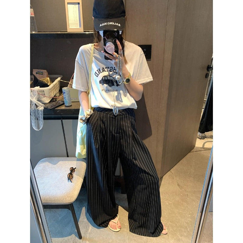 Moqie high-end commuter style Laoqian drape high waist slim casual striped suit wide leg pants MQ0488