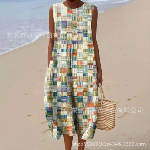 2025 European and American spring and summer new sleeveless casual printed temperament long skirt dress slim small fresh casual skirt