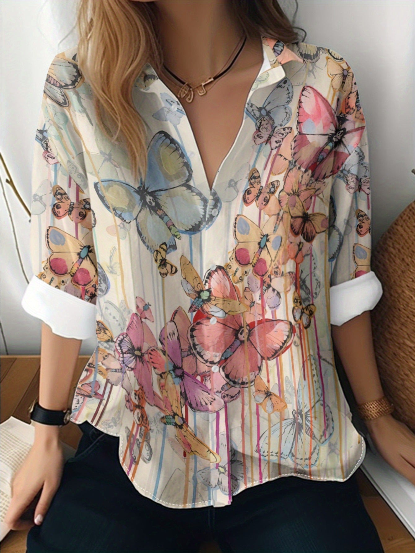 Cat cross-border European and American women's 3D printed floral pattern long-sleeved shirt women's fashion tops
