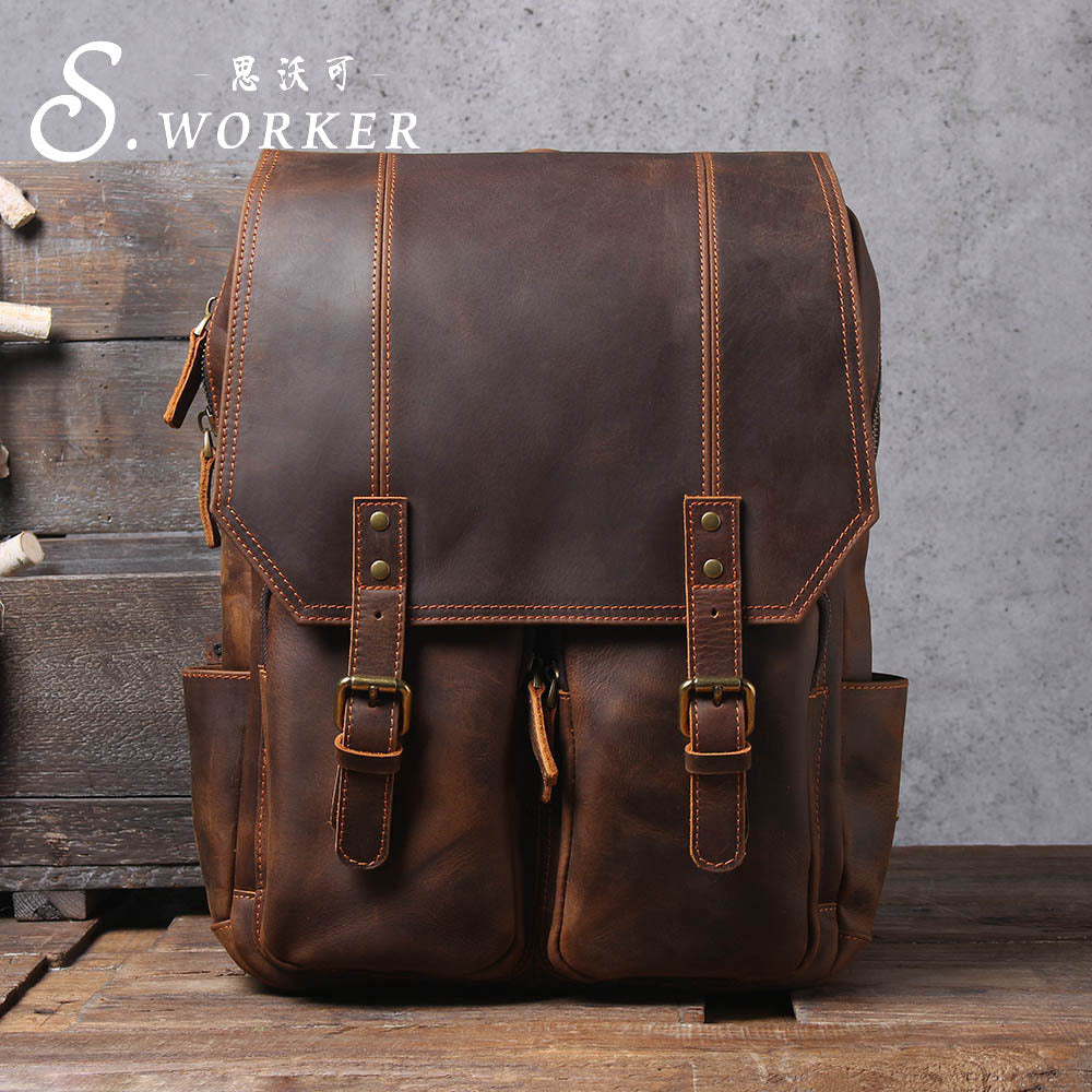 Retro large capacity crazy horse leather backpack men's original first layer cowhide travel genuine leather backpack Amazon foreign trade