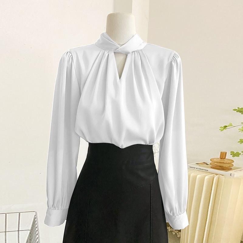 French acetate satin stand-up collar hollow shirt women's spring and autumn fashionable temperament professional commuting long-sleeved top