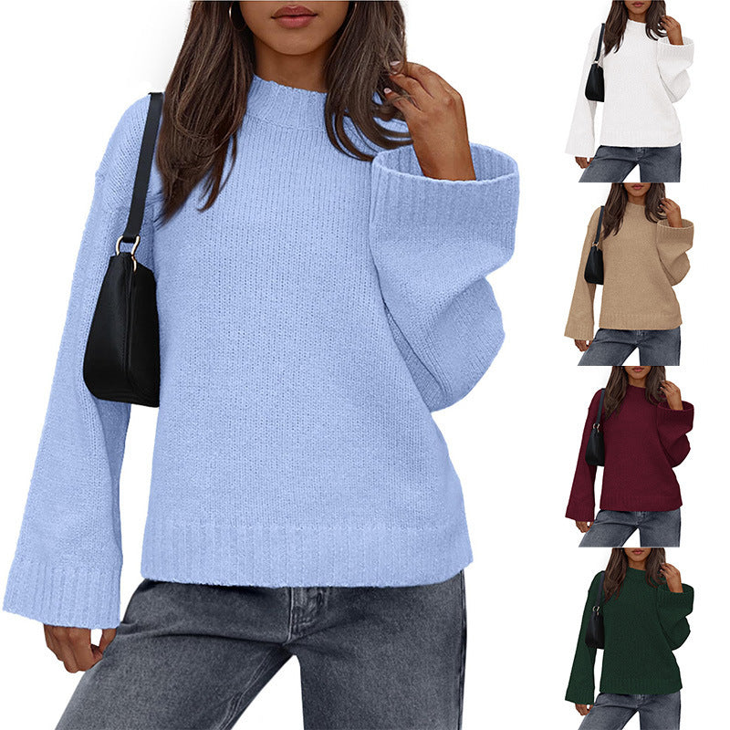 2025 Foreign Trade Autumn and Winter New Arrival Casual Round Neck Loose Solid Color Long Sleeve Trumpet Sleeve Knitted Sweater Women's Clothing