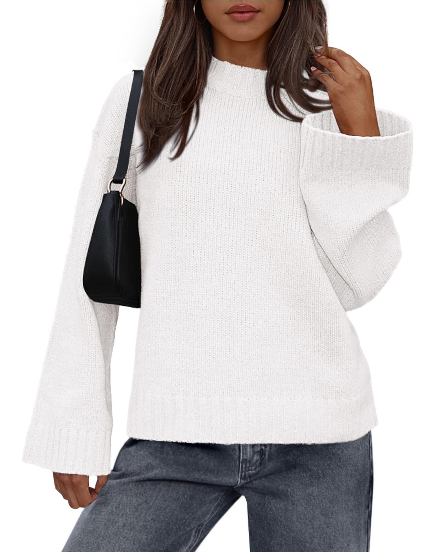 2025 Foreign Trade Autumn and Winter New Arrival Casual Round Neck Loose Solid Color Long Sleeve Trumpet Sleeve Knitted Sweater Women's Clothing