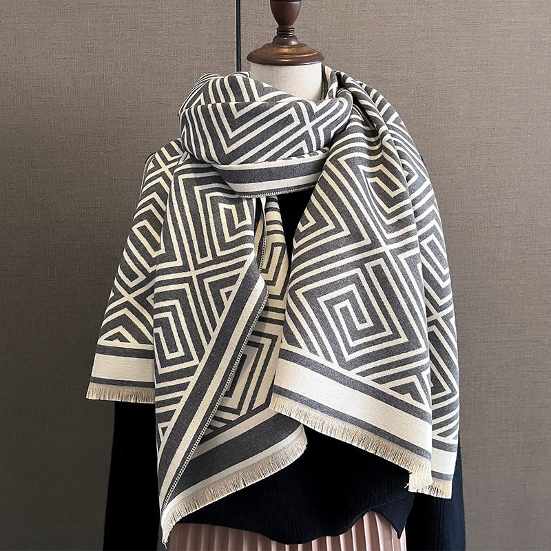 autumn and winter new Korean style geometric warm autumn and winter scarf female student neck scarf temperament shawl outer wear imitation cashmere