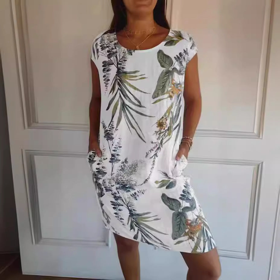 Spot cross-border independent station AliExpress women's round neck loose short-sleeved printed dress women's pocket skirt explosion