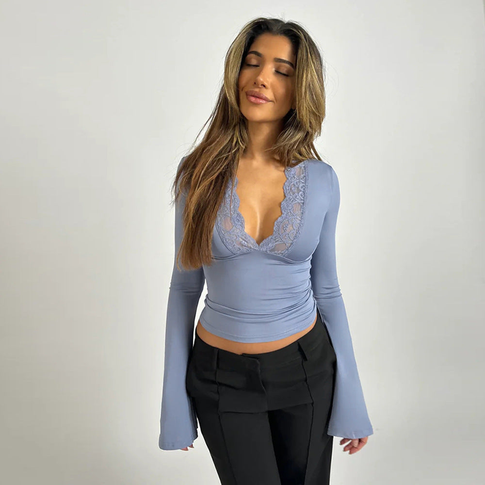 Wish hot selling new bottoming shirt sexy hot girl long sleeve slim V neck splicing lace lace top