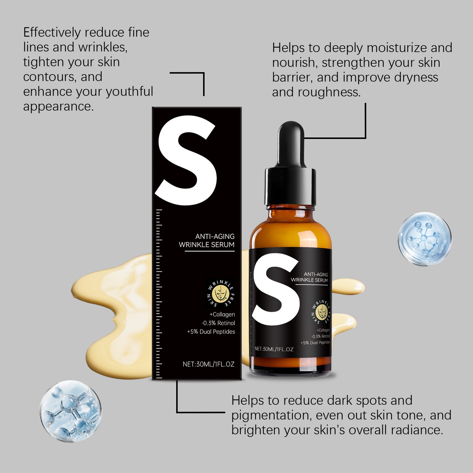 Retinol serum deeply moisturizes and brightens the face, balancing water and oil, refining pores and nourishing the skin for smoothness.