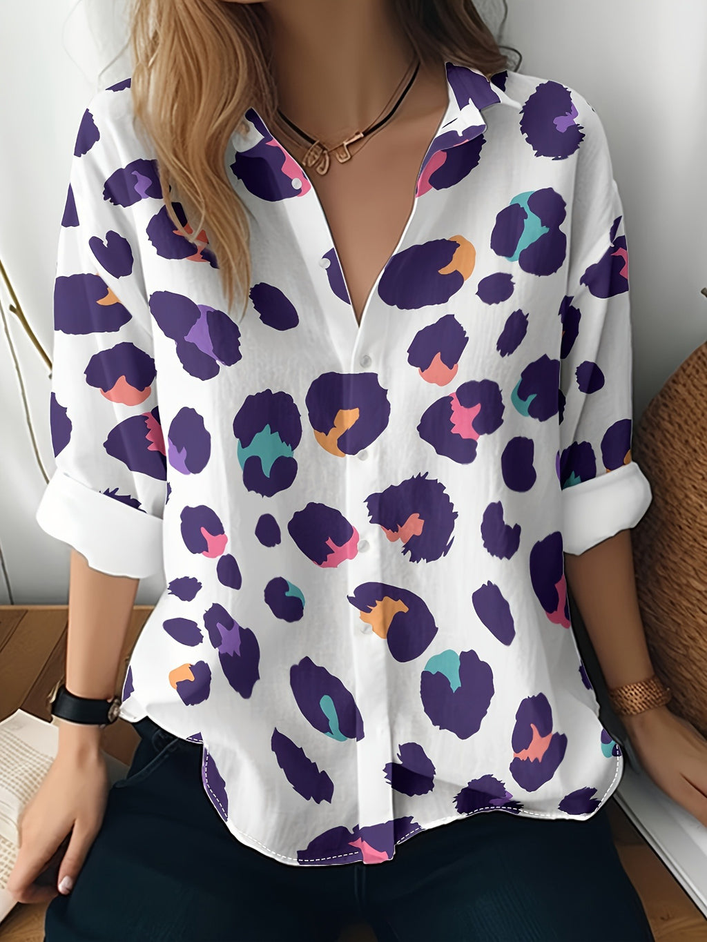 Cat cross-border European and American women's 3D printed floral pattern long-sleeved shirt women's fashion tops
