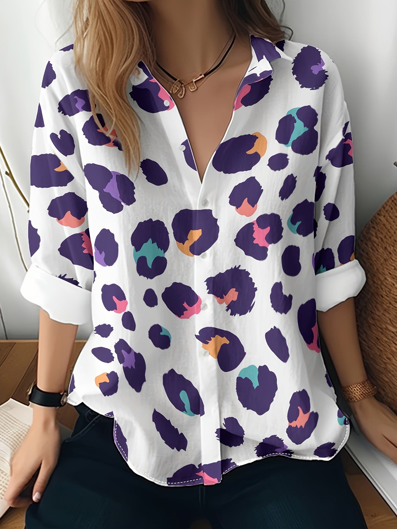 Cat cross-border European and American women's 3D printed floral pattern long-sleeved shirt women's fashion tops