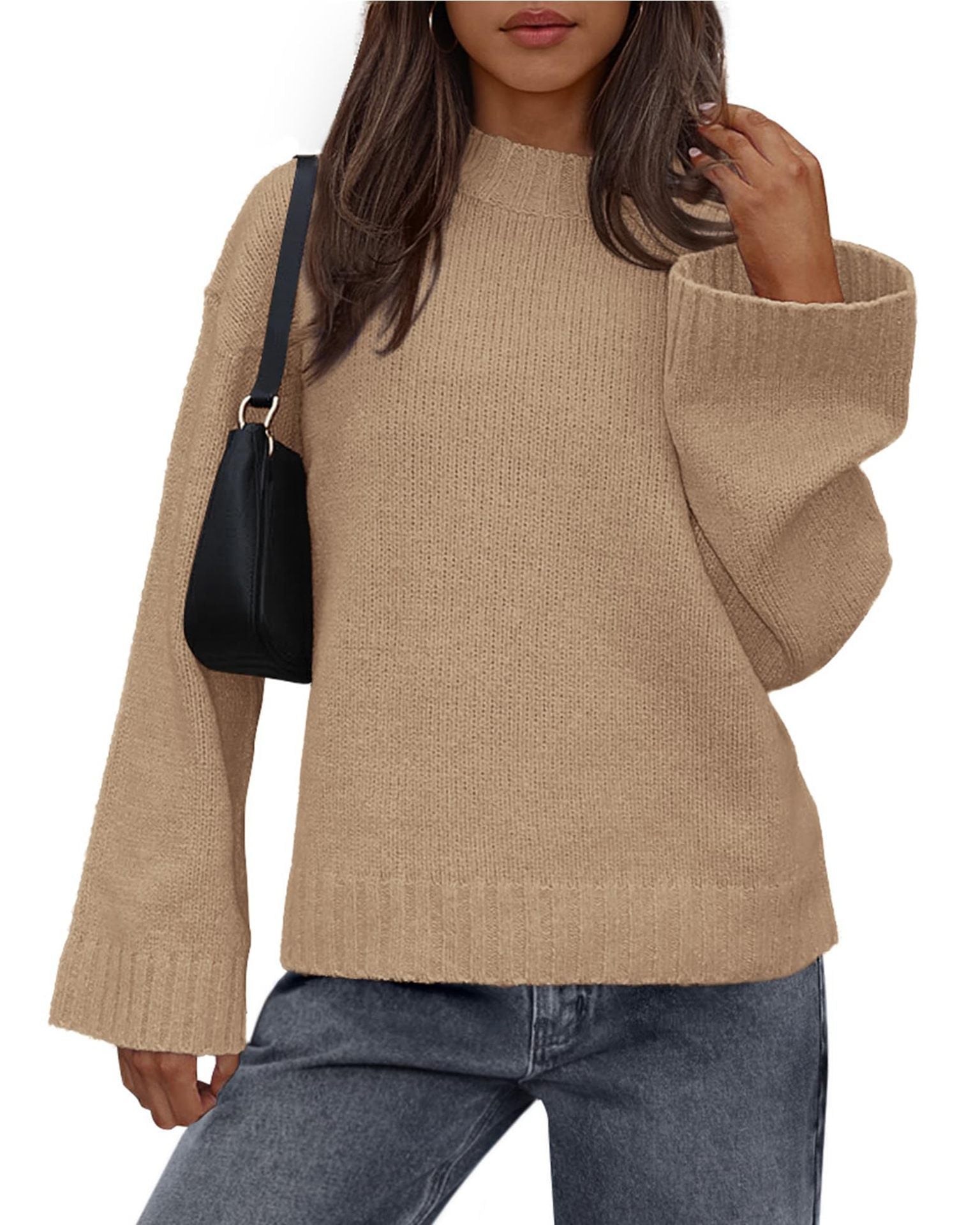 2025 Foreign Trade Autumn and Winter New Arrival Casual Round Neck Loose Solid Color Long Sleeve Trumpet Sleeve Knitted Sweater Women's Clothing