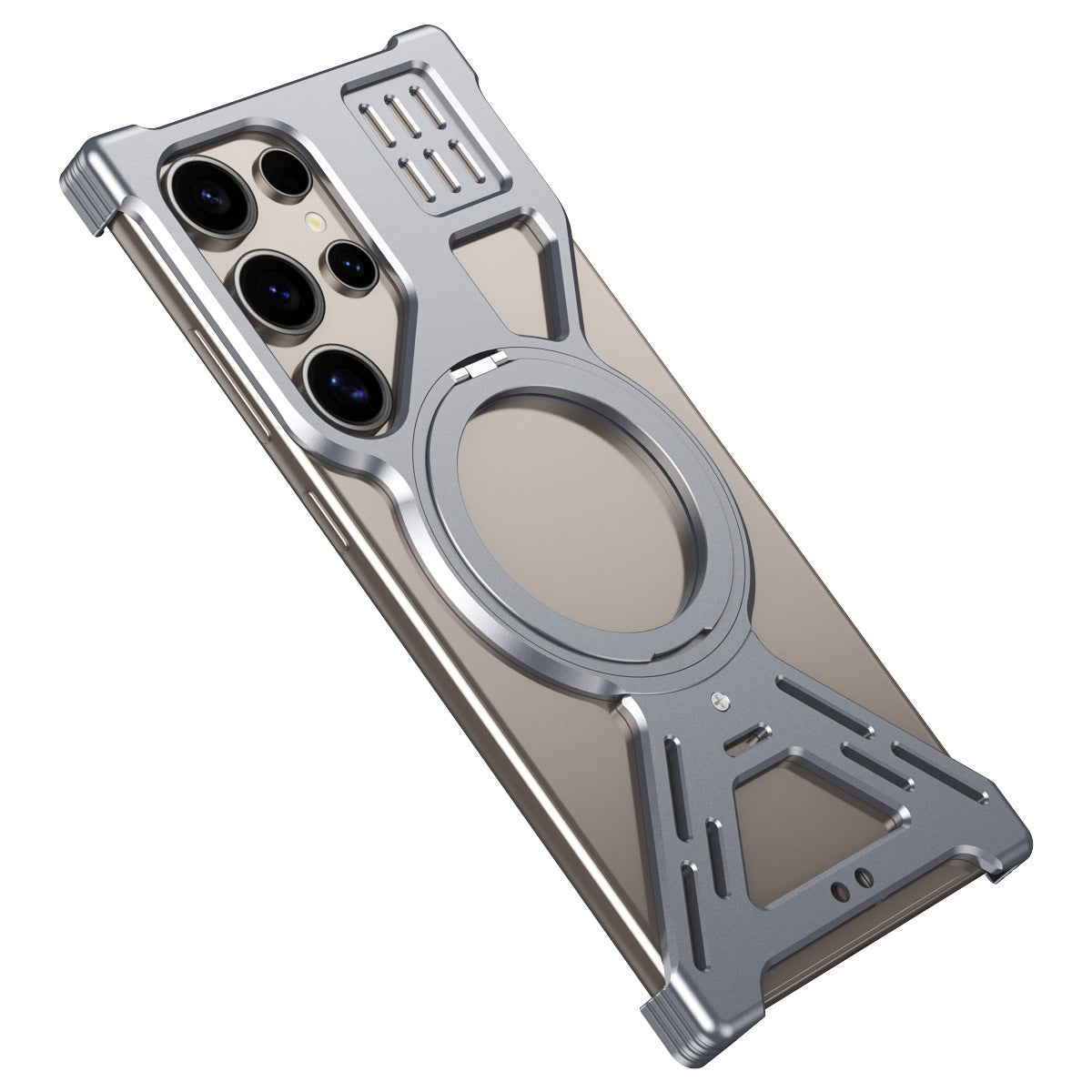 Cross-border applicable Samsung S25Ultra hollow metal mobile phone case S24U magnetic suction rotating bracket mobile phone case anti-fall