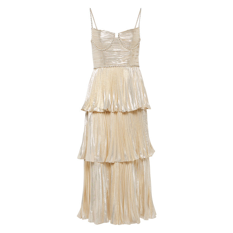 Summer new temperament light luxury metallic layered mid-length dress French sexy style suspender lady dress