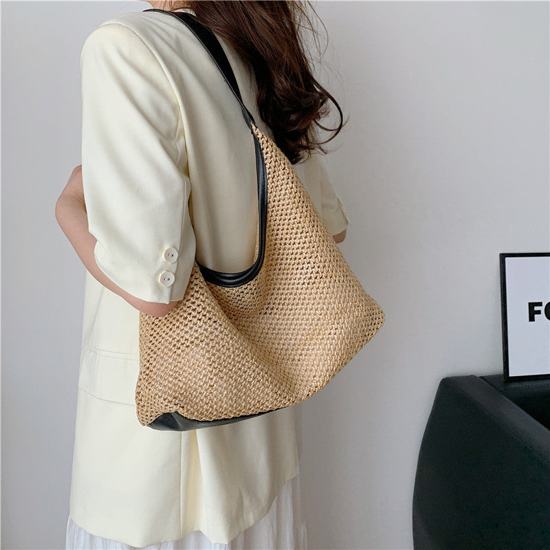 Korean ins retro woven tote bag straw bag large capacity underarm bag shoulder bag holiday style beach bag female