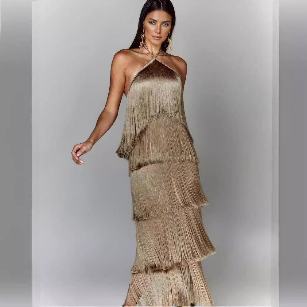 2025 European and American cross-border fashion halter neck tassel backless slit dress