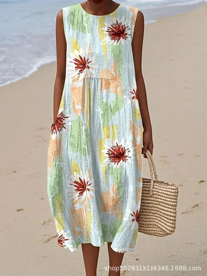 2025 European and American spring and summer new sleeveless casual printed temperament long dress slim small fresh casual dress