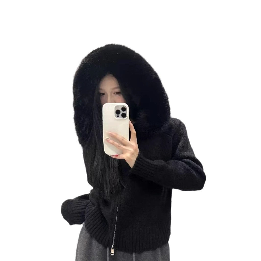 Cross-border Korean retro autumn and winter knitted cardigan women's loose casual versatile long-sleeved fur collar hooded sweater jacket women