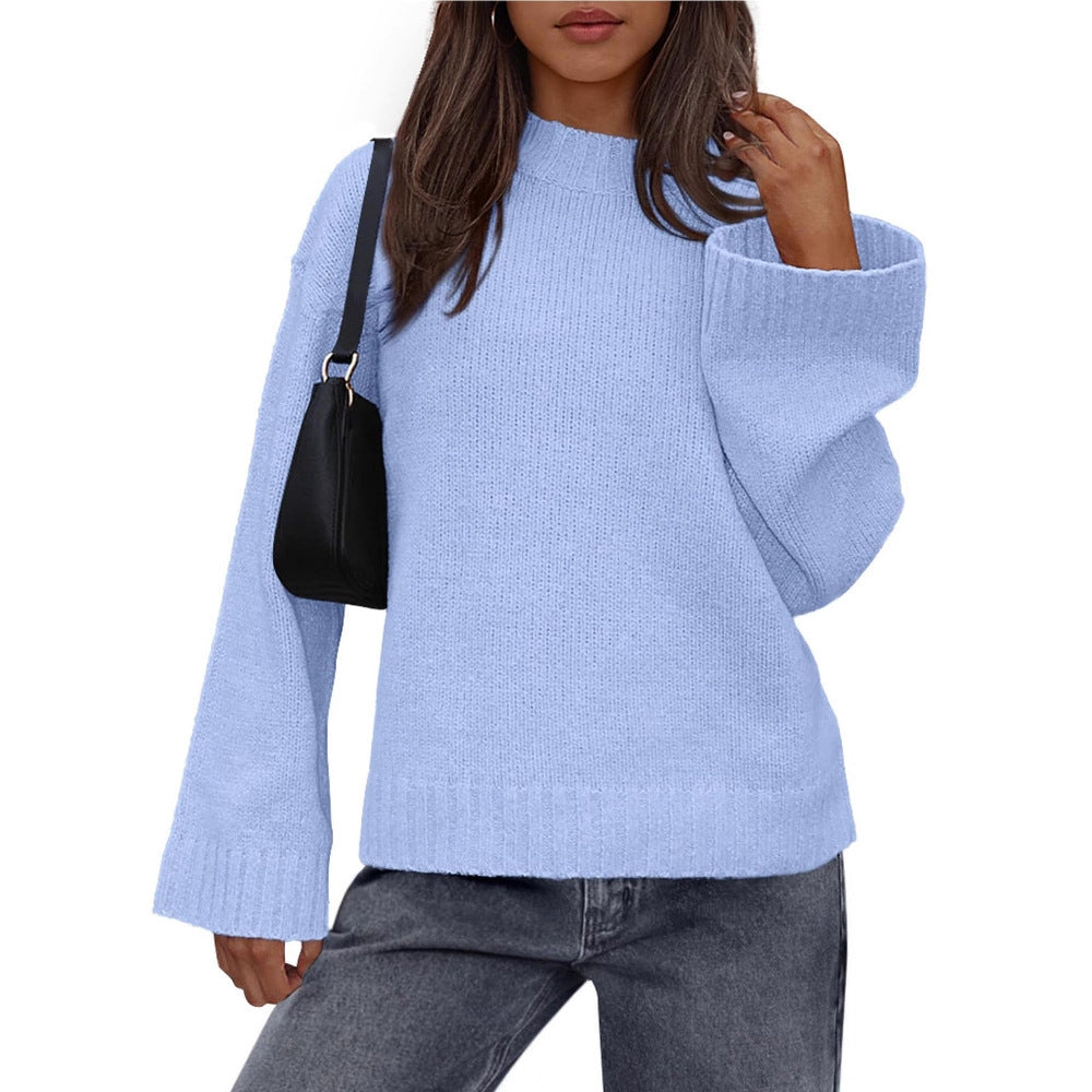 2025 Foreign Trade Autumn and Winter New Arrival Casual Round Neck Loose Solid Color Long Sleeve Trumpet Sleeve Knitted Sweater Women's Clothing