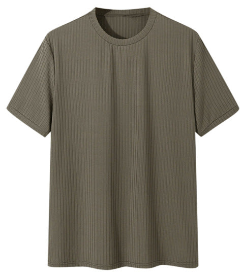 2025 new summer men's trendy thin short-sleeved European and American casual sweater elastic loose round neck T-shirt