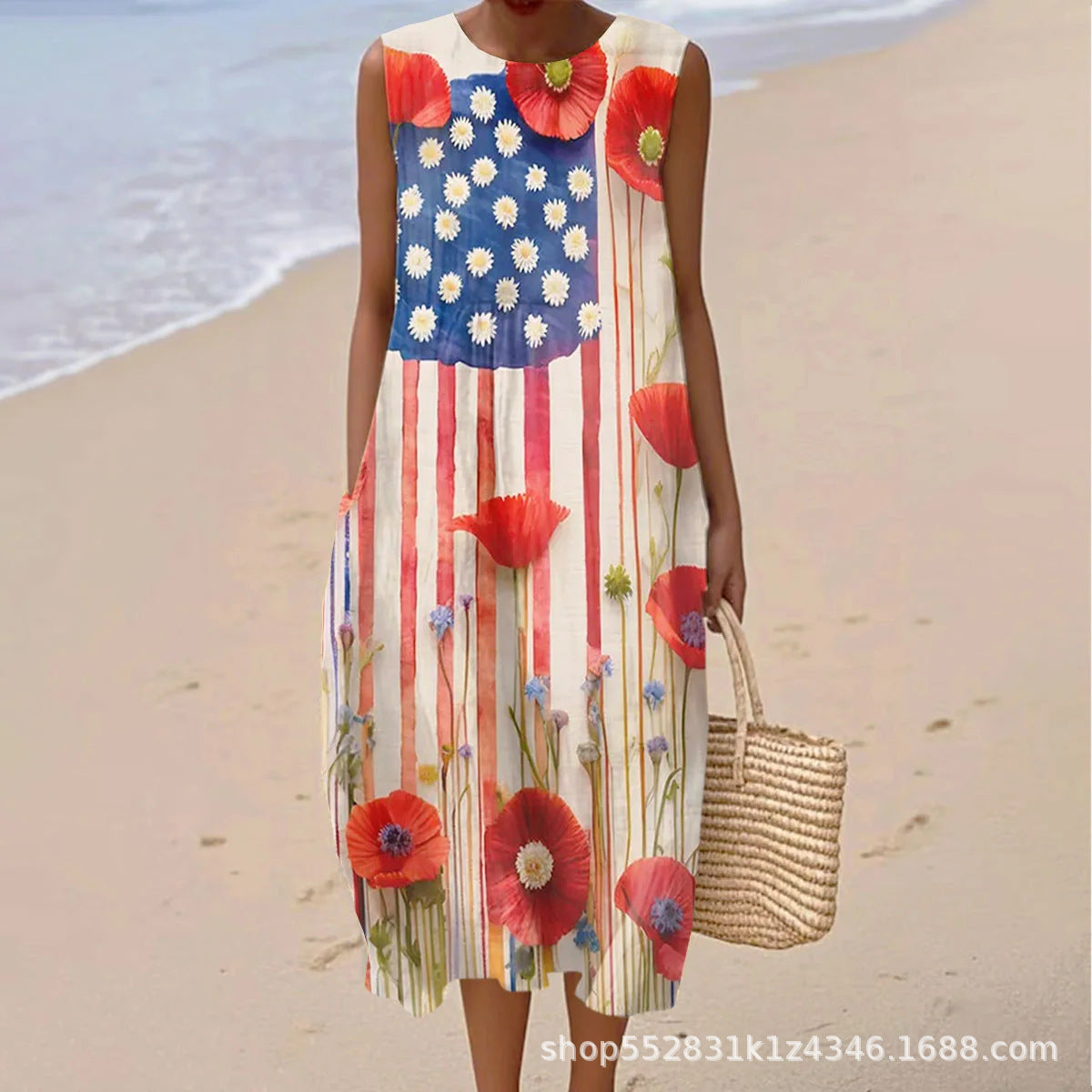 2025 European and American spring and summer new sleeveless casual printed temperament long dress slim small fresh casual dress