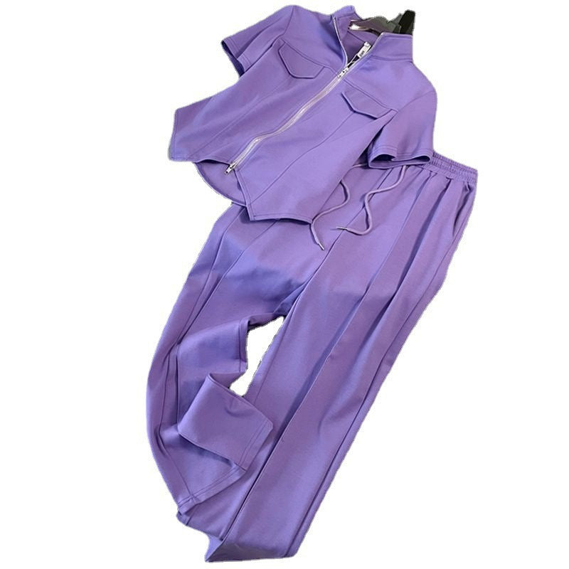 Xiao Xiang style summer fashion fat mm women's clothing covering flesh zipper thin short-sleeved wide-leg pants casual sports suit