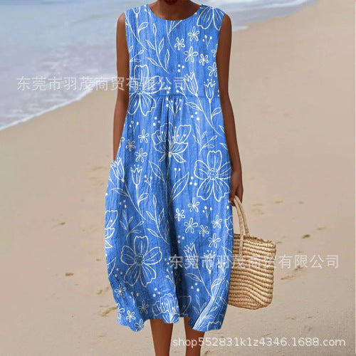 2025 European and American spring and summer new sleeveless casual printed temperament long skirt dress slim small fresh casual skirt