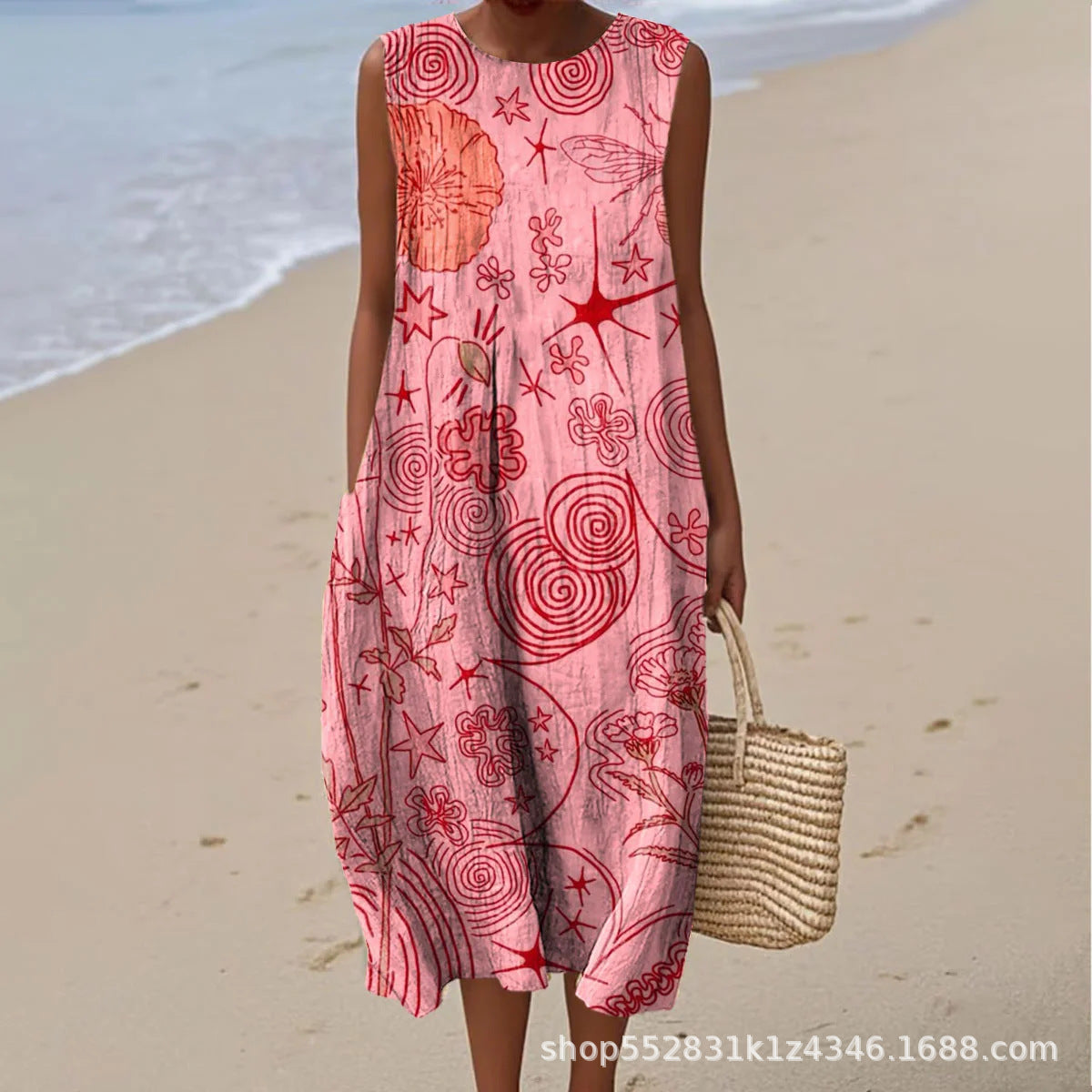 2025 European and American spring and summer new sleeveless casual printed temperament long dress slim small fresh casual dress