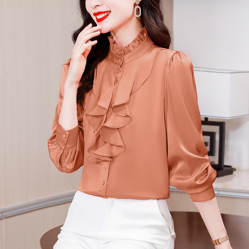 Green 1803 intellectual and generous temperament imitation silk shirt female long sleeve solid color lace collar palace style mulberry silk shirt