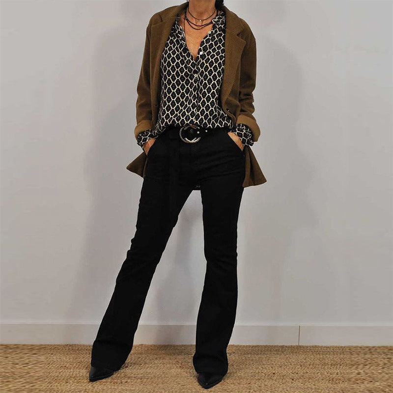 New independent station cross-border women's clothing foreign trade spring V-neck long-sleeved fashionable and elegant printed T-shirt shirt