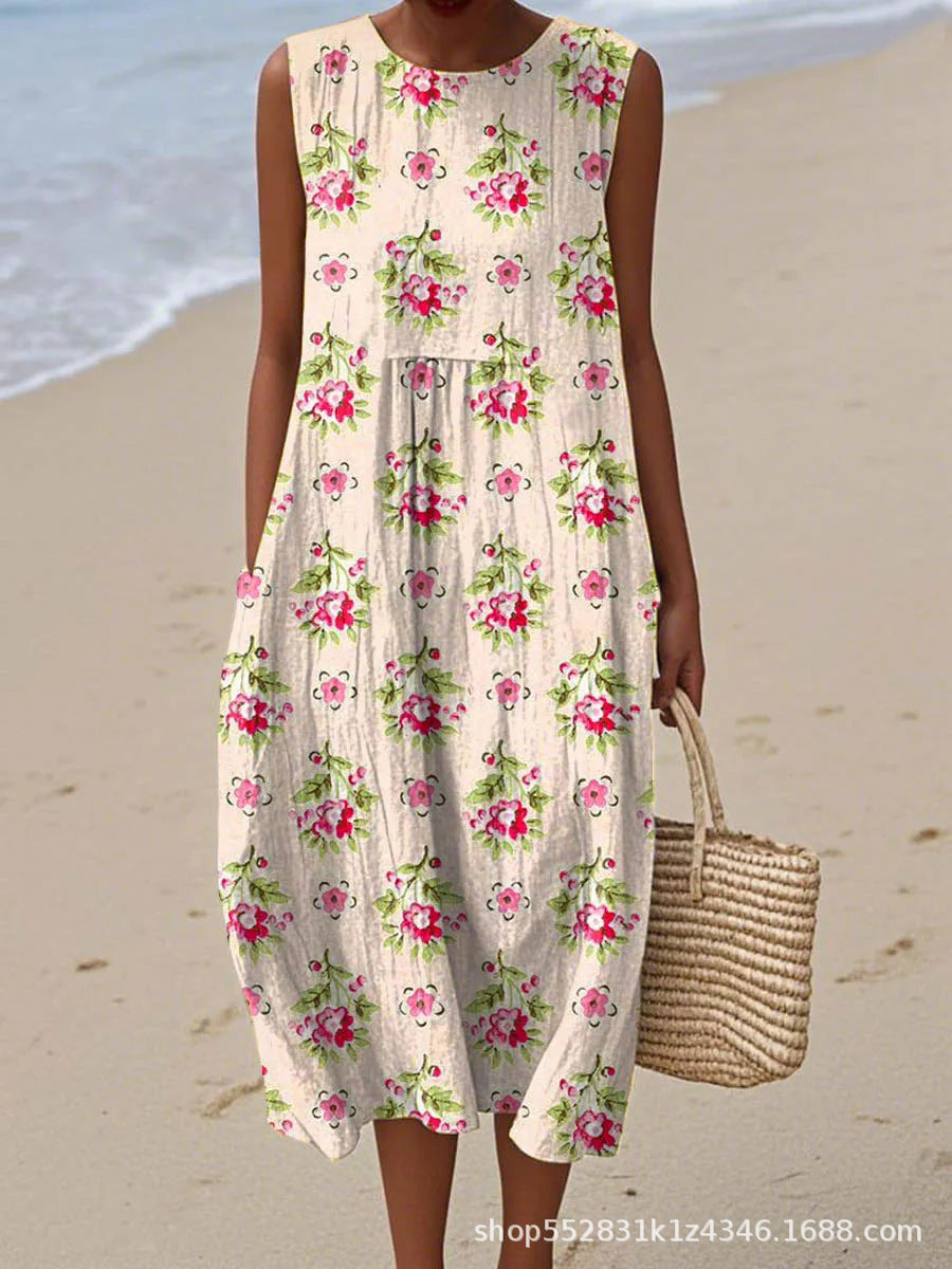2025 European and American spring and summer new sleeveless casual printed temperament long dress slim small fresh casual dress