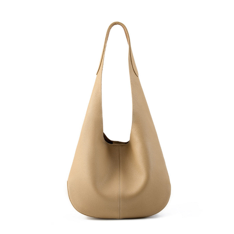 New Korean Internet celebrity women's bag bucket bag large capacity first layer leather tote bag high-end armpit shoulder genuine leather bag