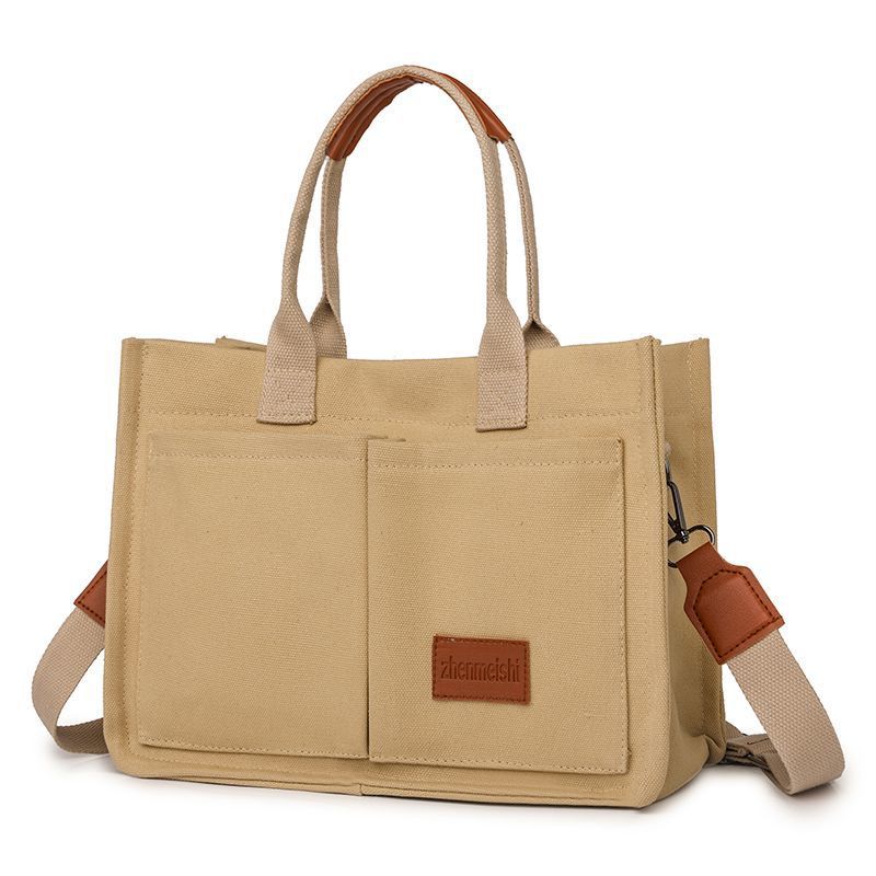Cross-border canvas bag women's large capacity multi-pocket ladies bag trendy crossbody bag wide shoulder strap handheld tote bag