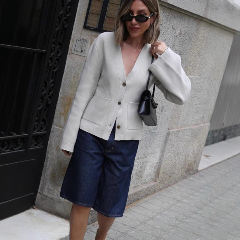 2025 Spring and Summer Cross-border Foreign Trade Spot Casual Versatile Solid Color V-neck Knitted Jacket