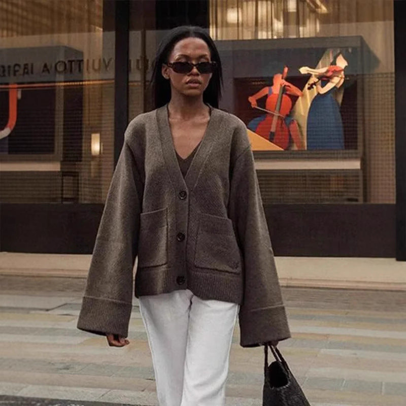 2025 Spring and Summer Cross-border Foreign Trade Spot Casual Versatile Solid Color V-neck Knitted Jacket