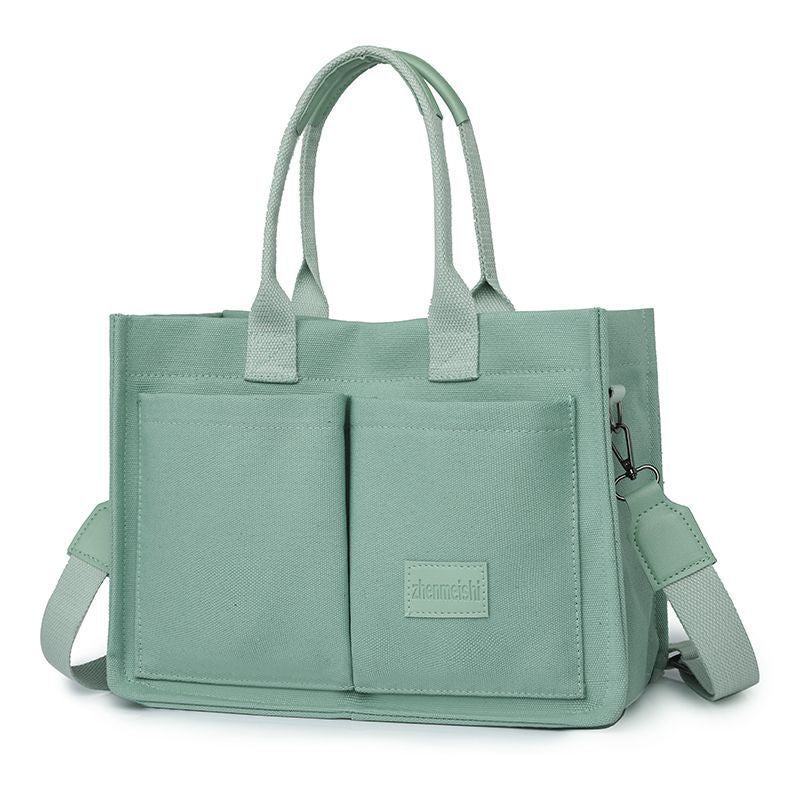 Cross-border canvas bag women's large capacity multi-pocket ladies bag trendy crossbody bag wide shoulder strap handheld tote bag
