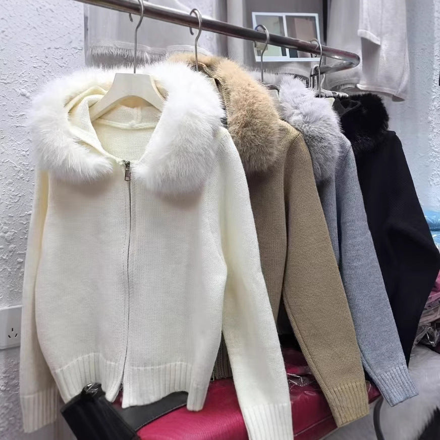Cross-border Korean retro autumn and winter knitted cardigan women's loose casual versatile long-sleeved fur collar hooded sweater jacket women