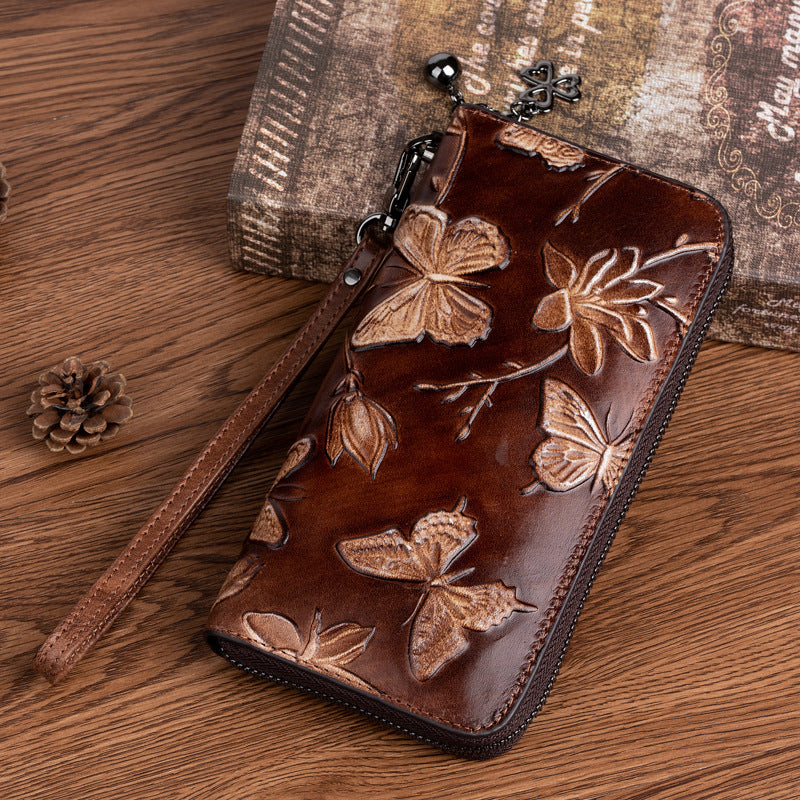 2025 new top layer cowhide handbag women's Chinese style embossed rubbed color long wallet fashion retro clutch bag