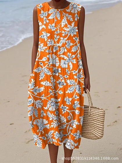 2025 European and American spring and summer new sleeveless casual printed temperament long dress slim small fresh casual dress