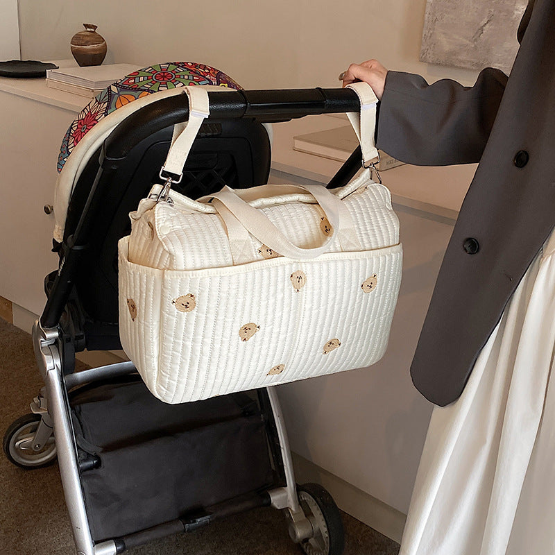 Cross-border mommy bag with full embroidery Korean style fashionable multifunctional mother and baby bag for going out, can hang baby carriage, large capacity mommy bag
