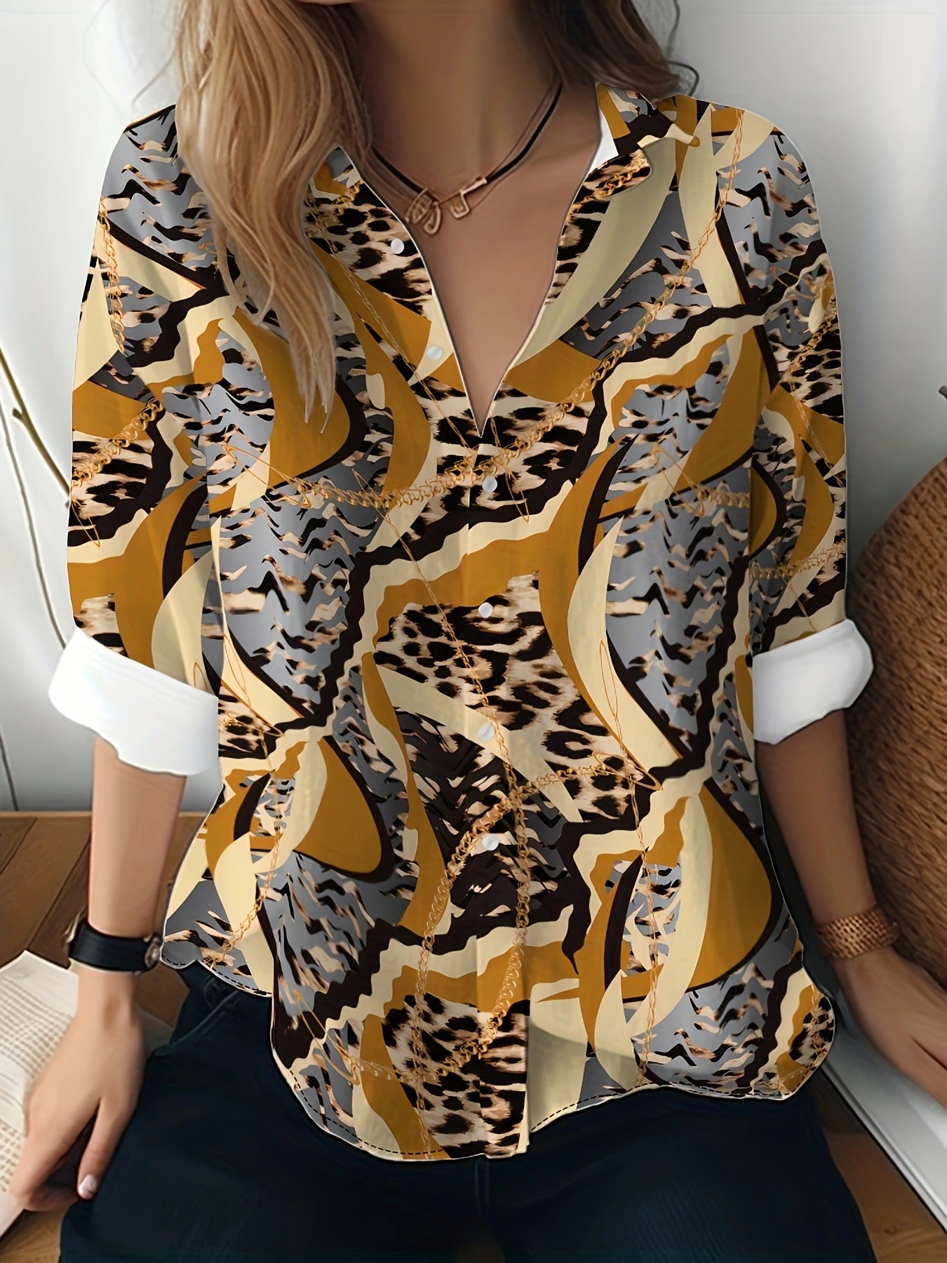 Cat cross-border European and American women's 3D printed floral pattern long-sleeved shirt women's fashion tops
