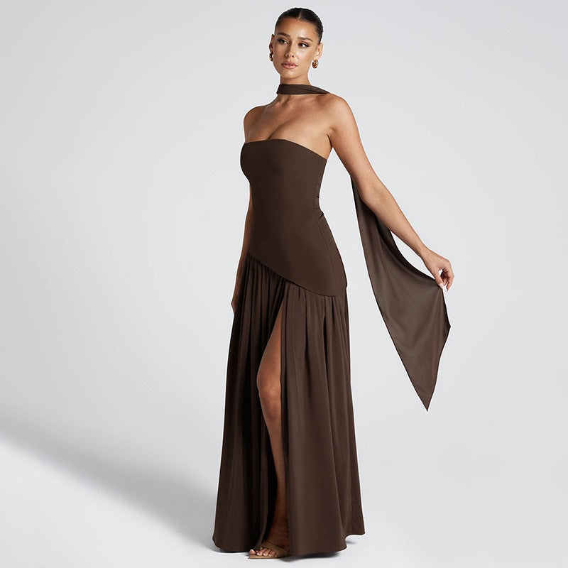 2025 new cross-border European and American sexy oblique stitching tube top dress dress women's long skirt pleated tube top
