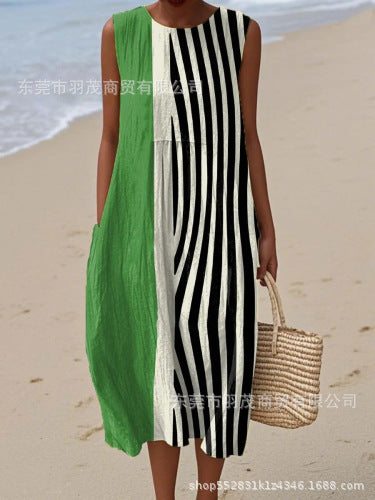 2025 European and American spring and summer new sleeveless casual printed temperament long skirt dress slim small fresh casual skirt