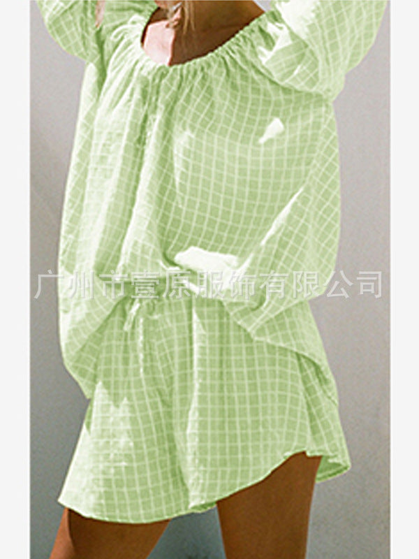 Cross-border European and American 2025 summer new round neck long-sleeved shirt shorts two-piece plaid shirt suit